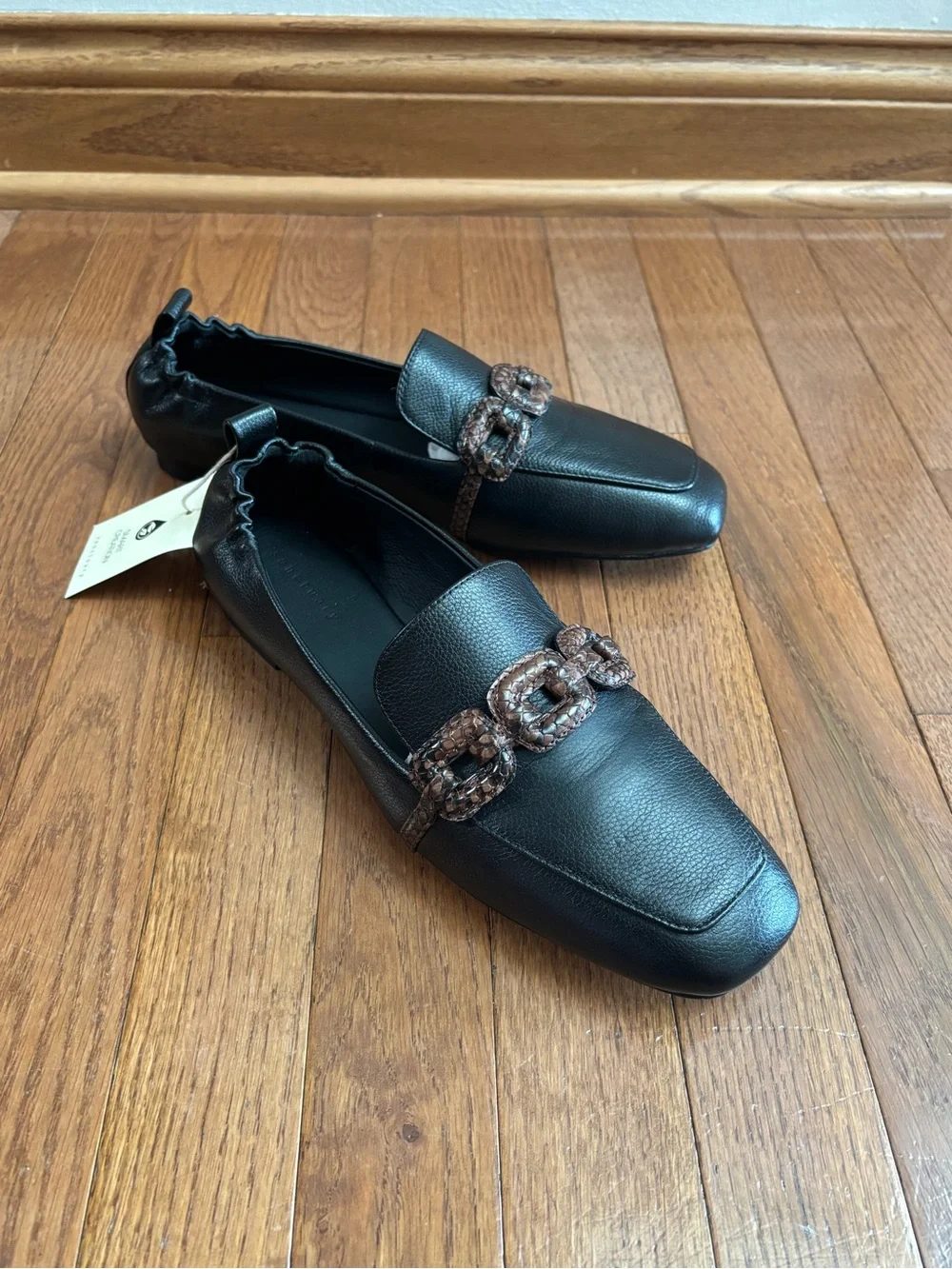 Sanctuary Black Slip on Loafers with Brown Buckles